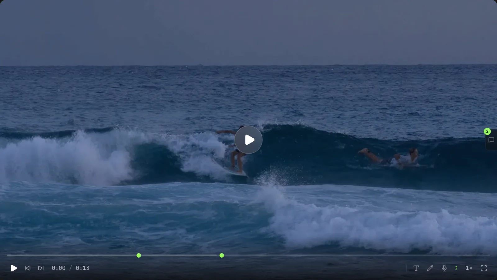 Surfer riding a wave analyzed by Surflink with AI pose-tracking overlays